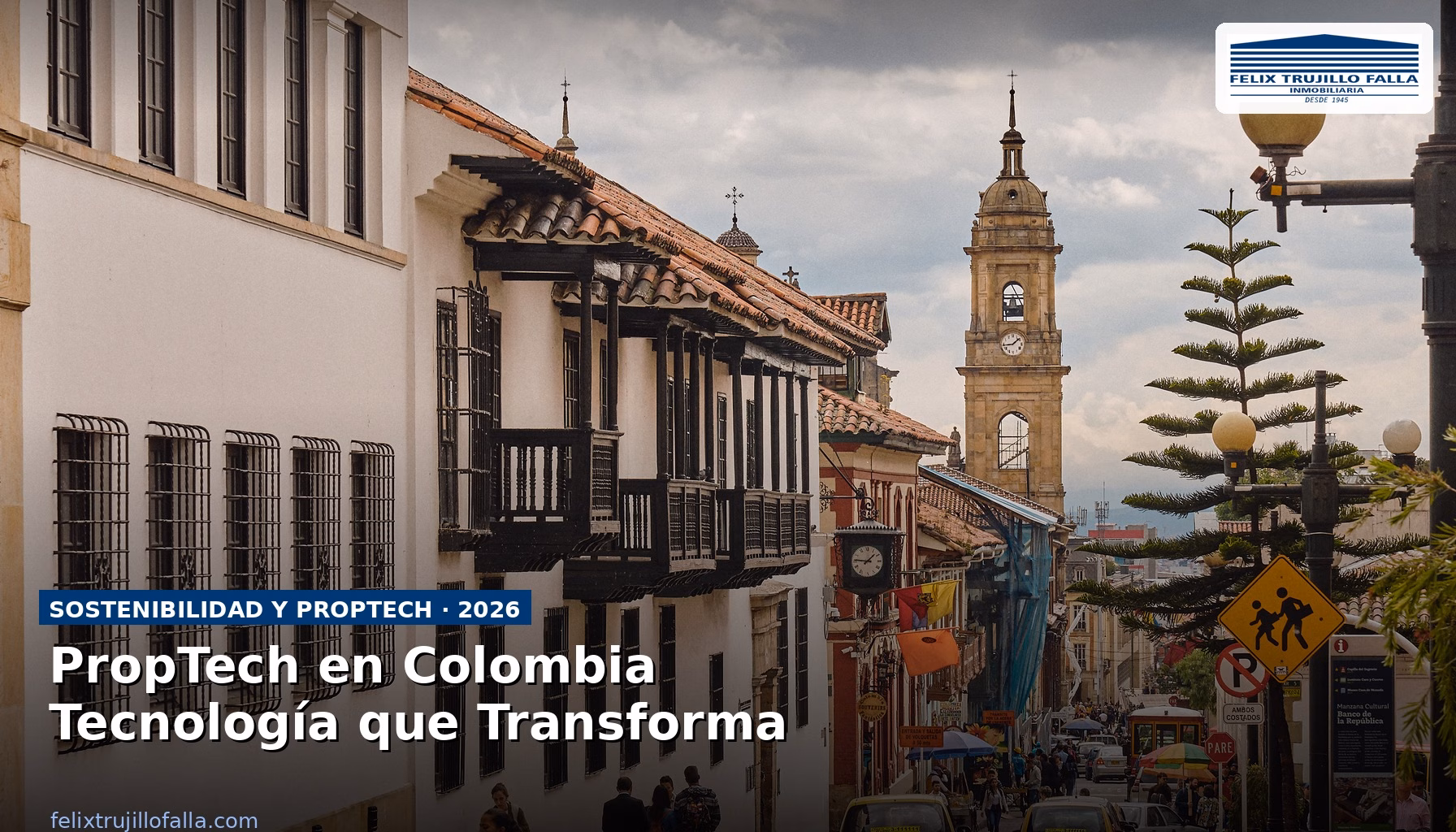 Edificio moderno con elementos tecnológicos digitales representando PropTech en Colombia
