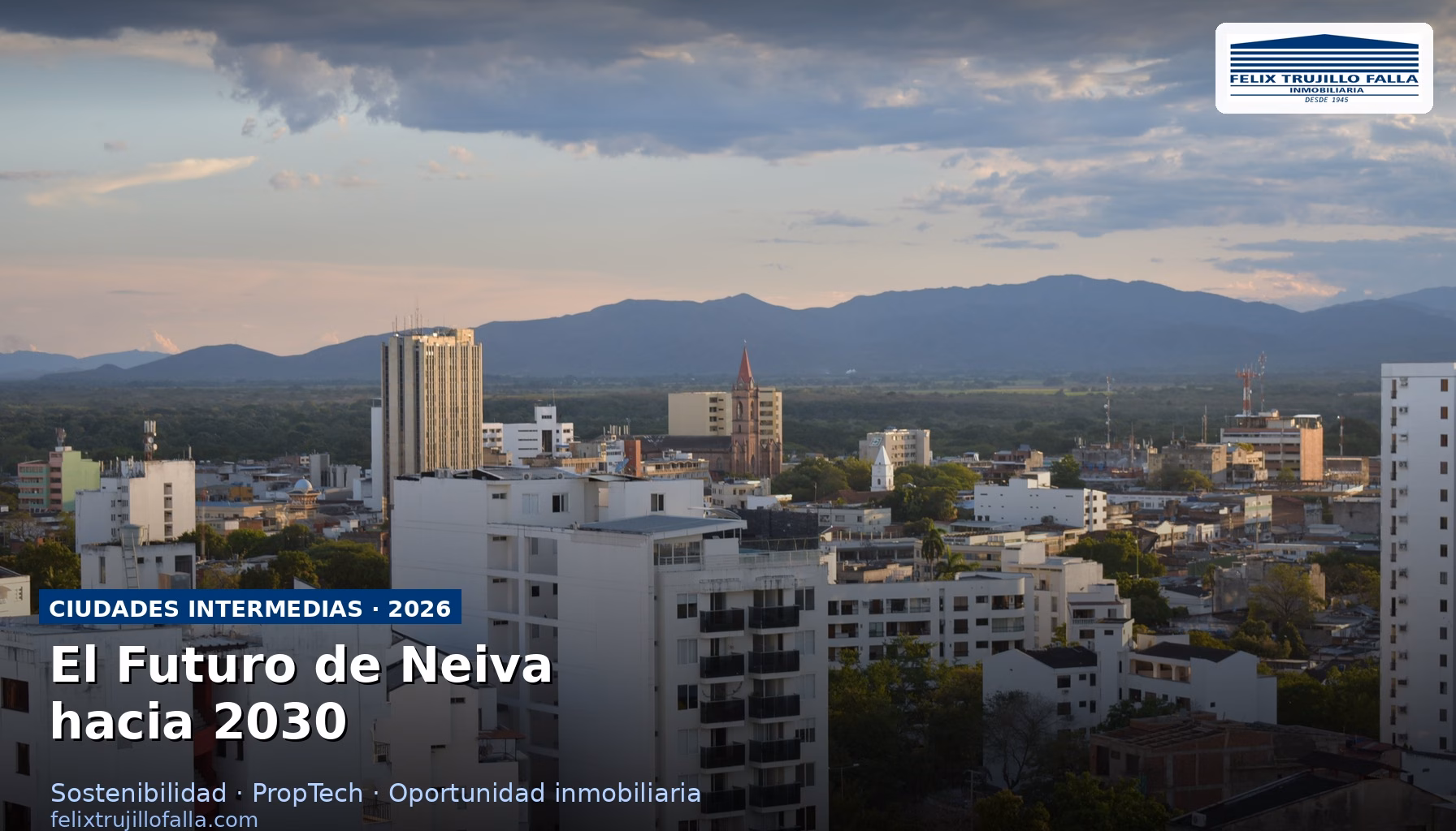 Vista panorámica de Neiva, ciudad intermedia del Huila Colombia, con desarrollo urbano y cordilleras al fondo