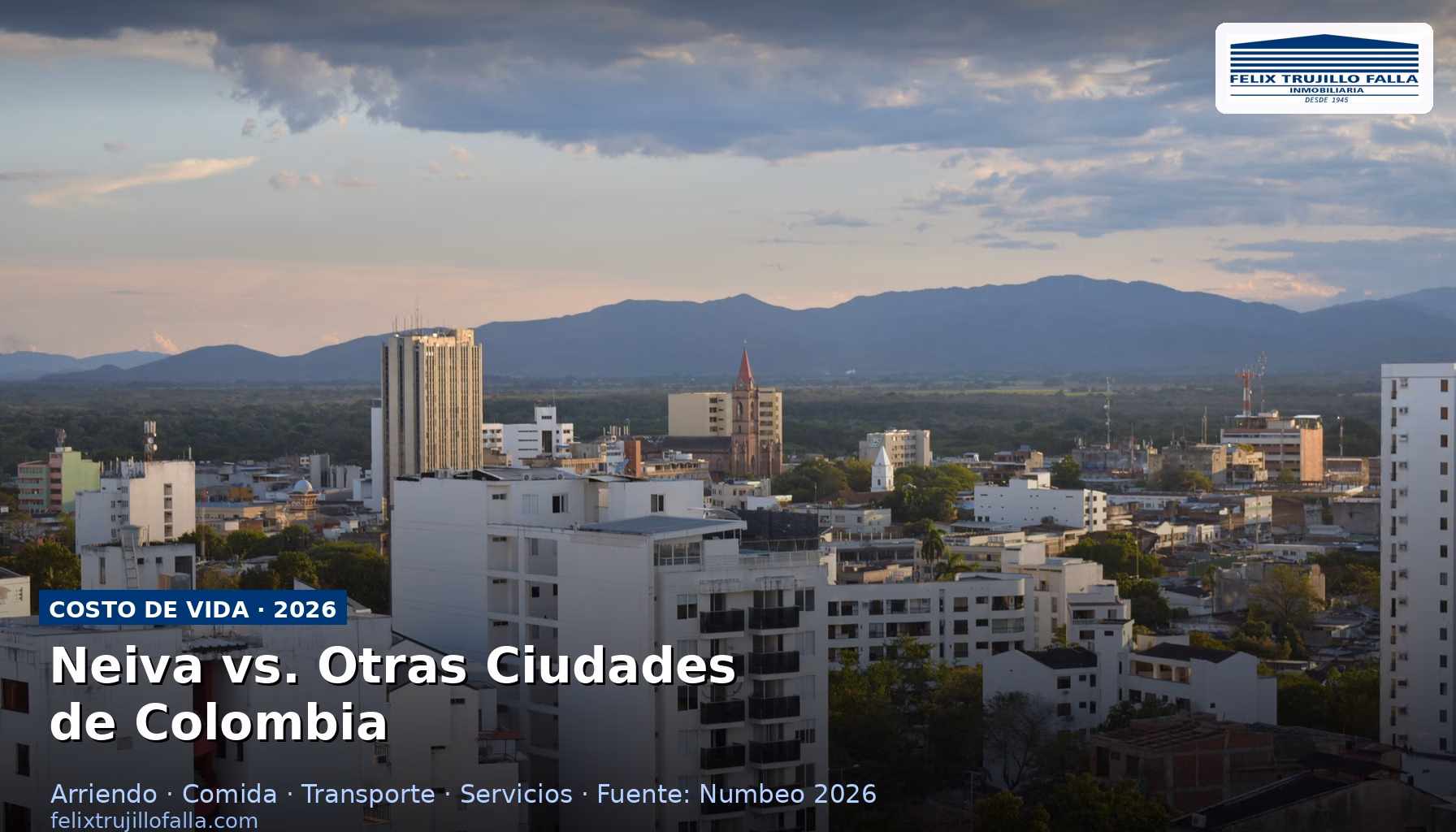 Vista panorámica de la ciudad de Neiva, Huila, Colombia al atardecer con el río Magdalena